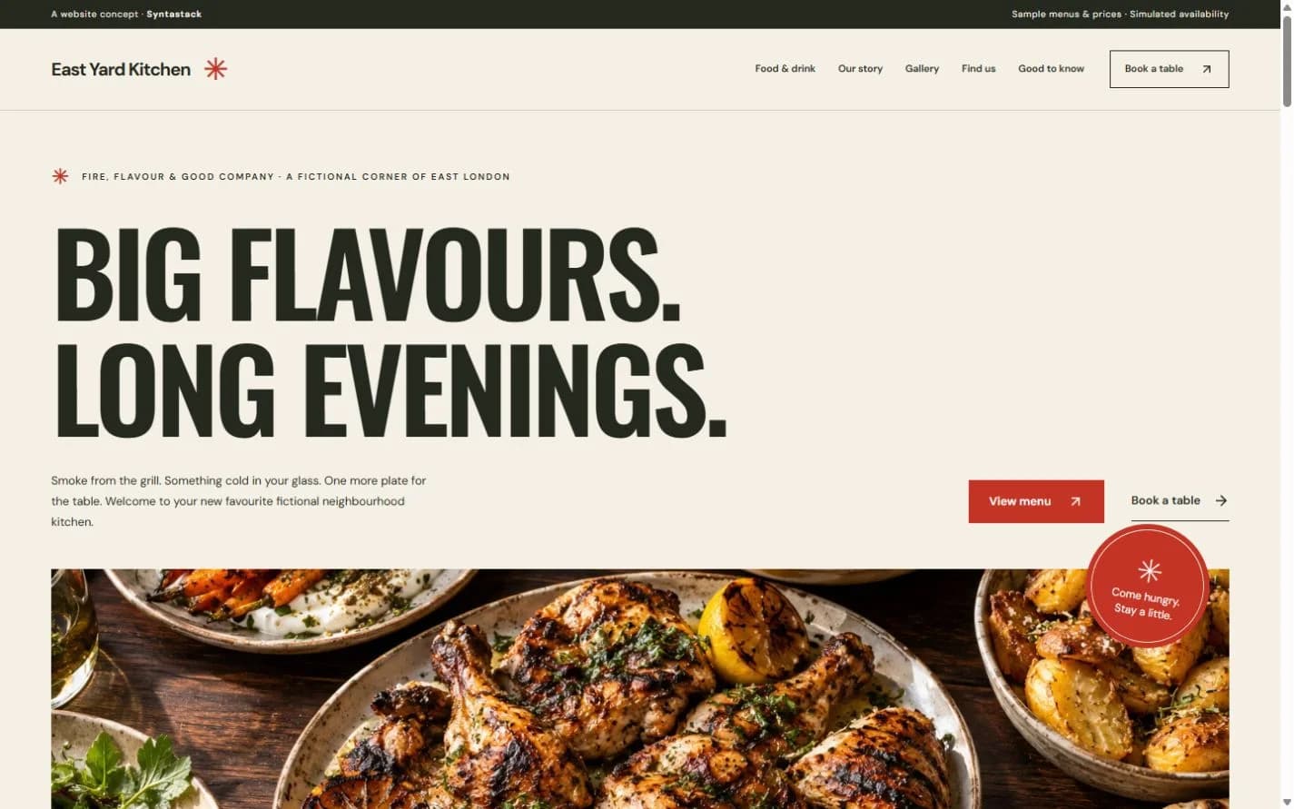 East Yard Kitchen restaurant demo with bold lettering, red accents, and sharing plates