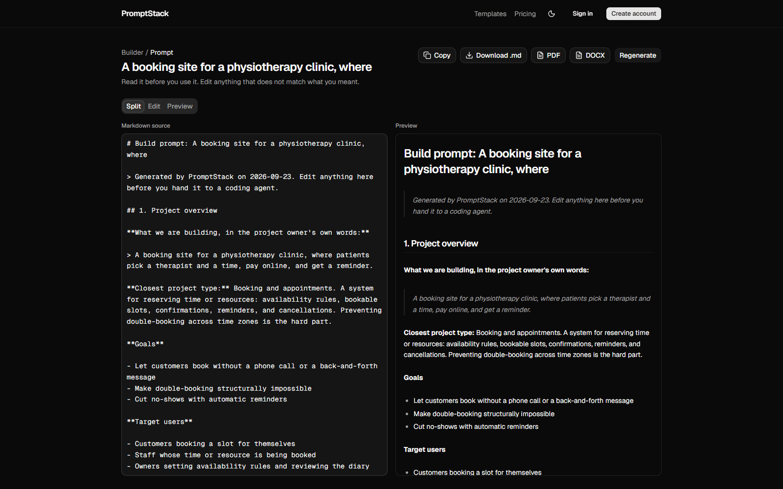 Markdown prompt editor and live preview