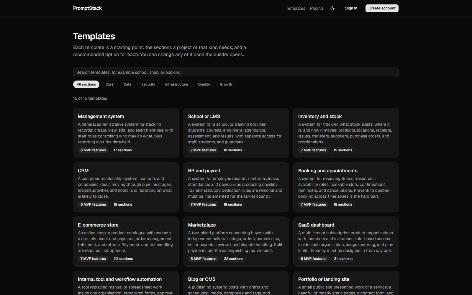 The project template selection screen