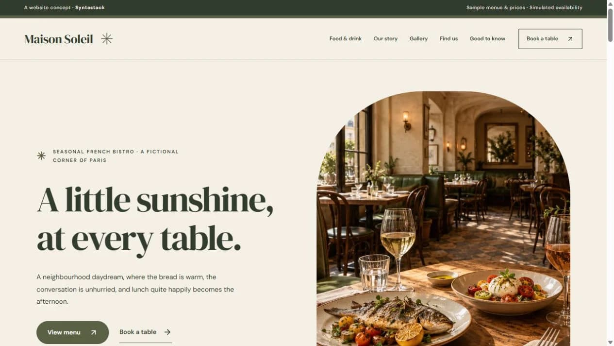 Maison Soleil restaurant demo with a cream and green design and an arched bistro image