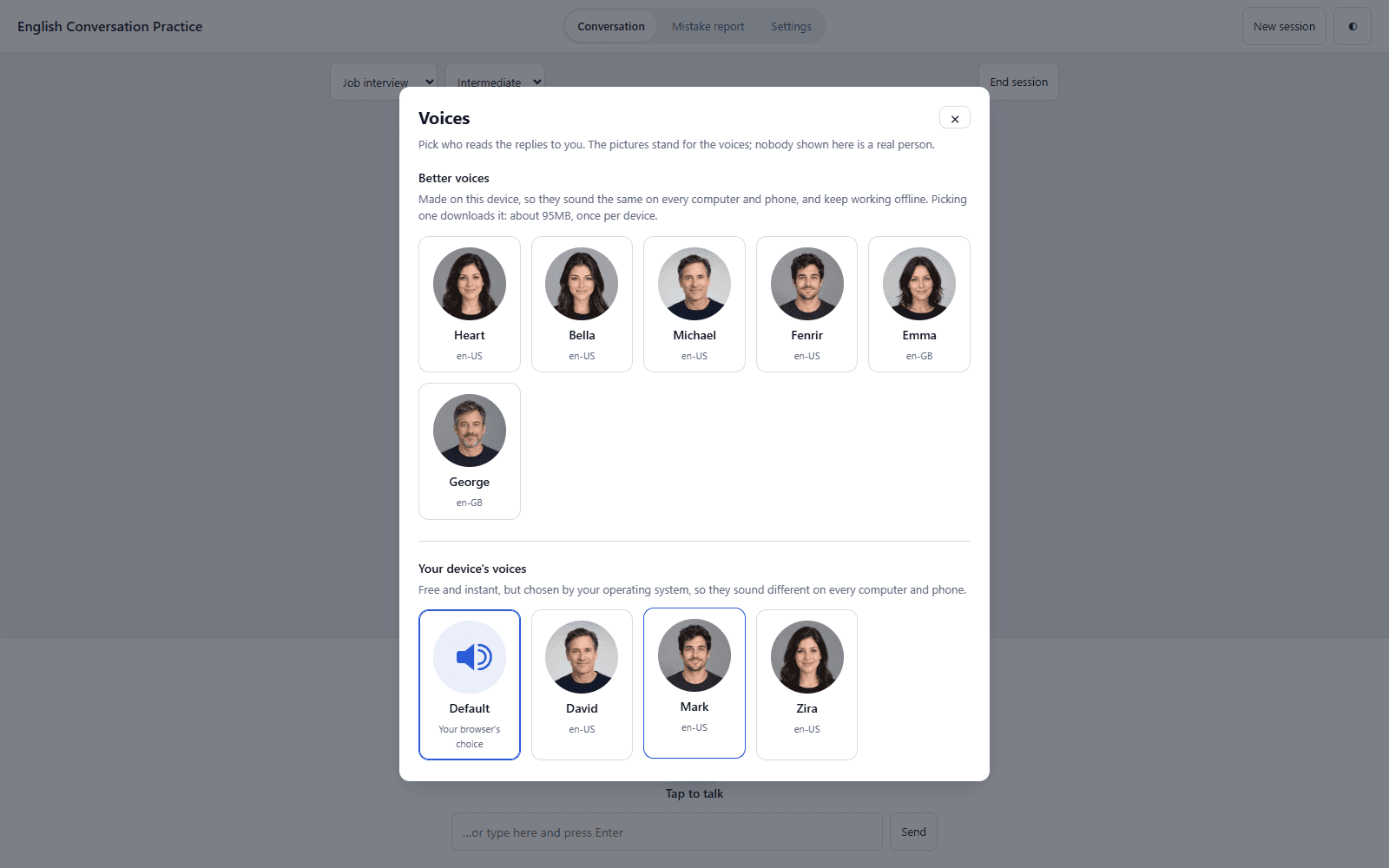 The voice-selection window in the light theme