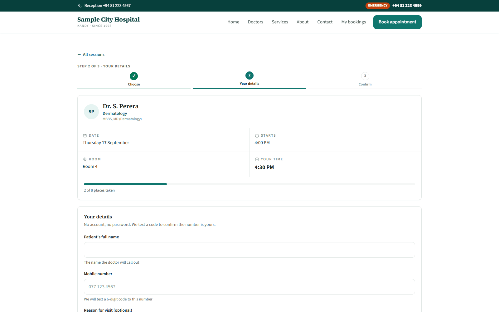 Booking form with session and patient details
