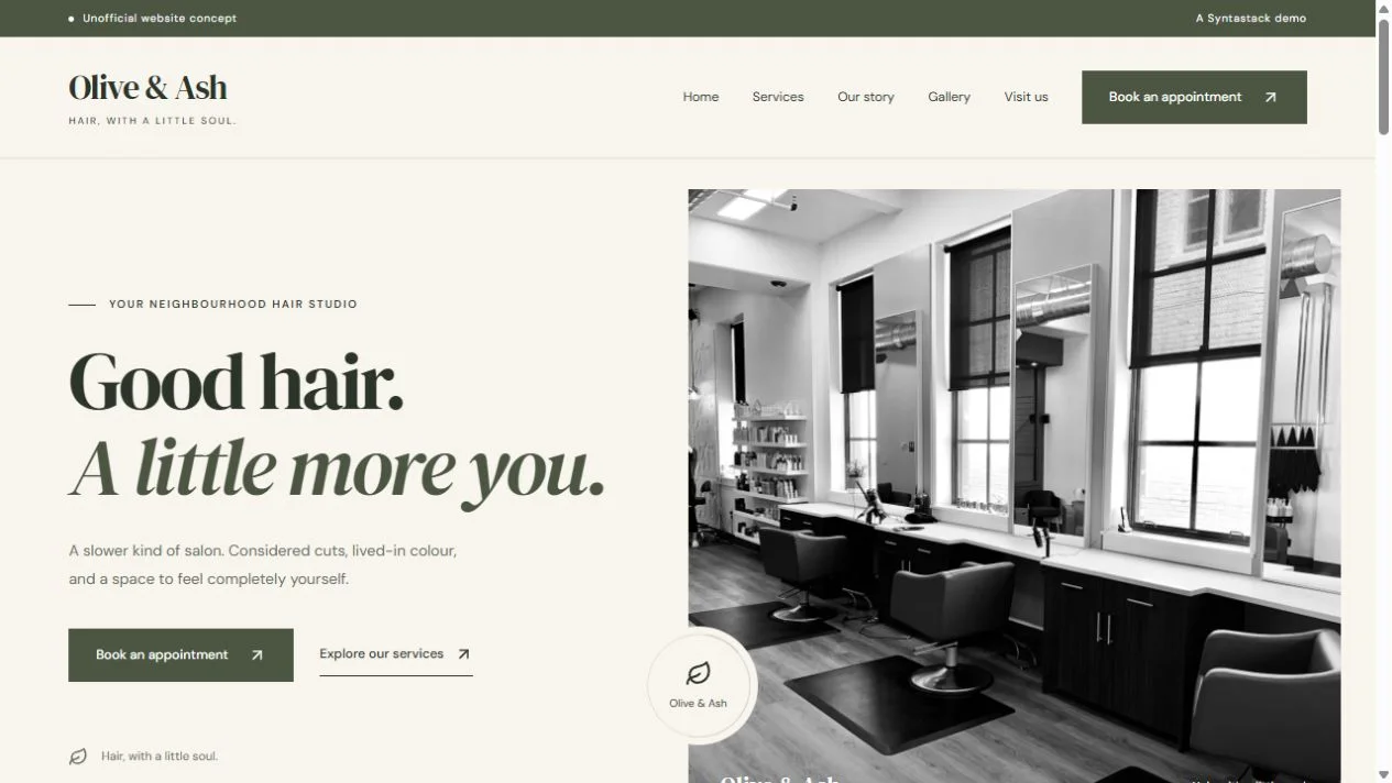Olive & Ash demo homepage with cream and olive styling and a salon interior image